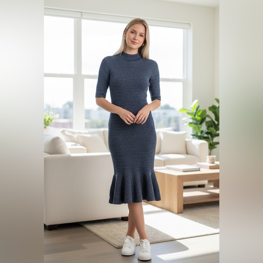 London Times Women's Mock Neck Fit and Flare Dress In Blue size medium